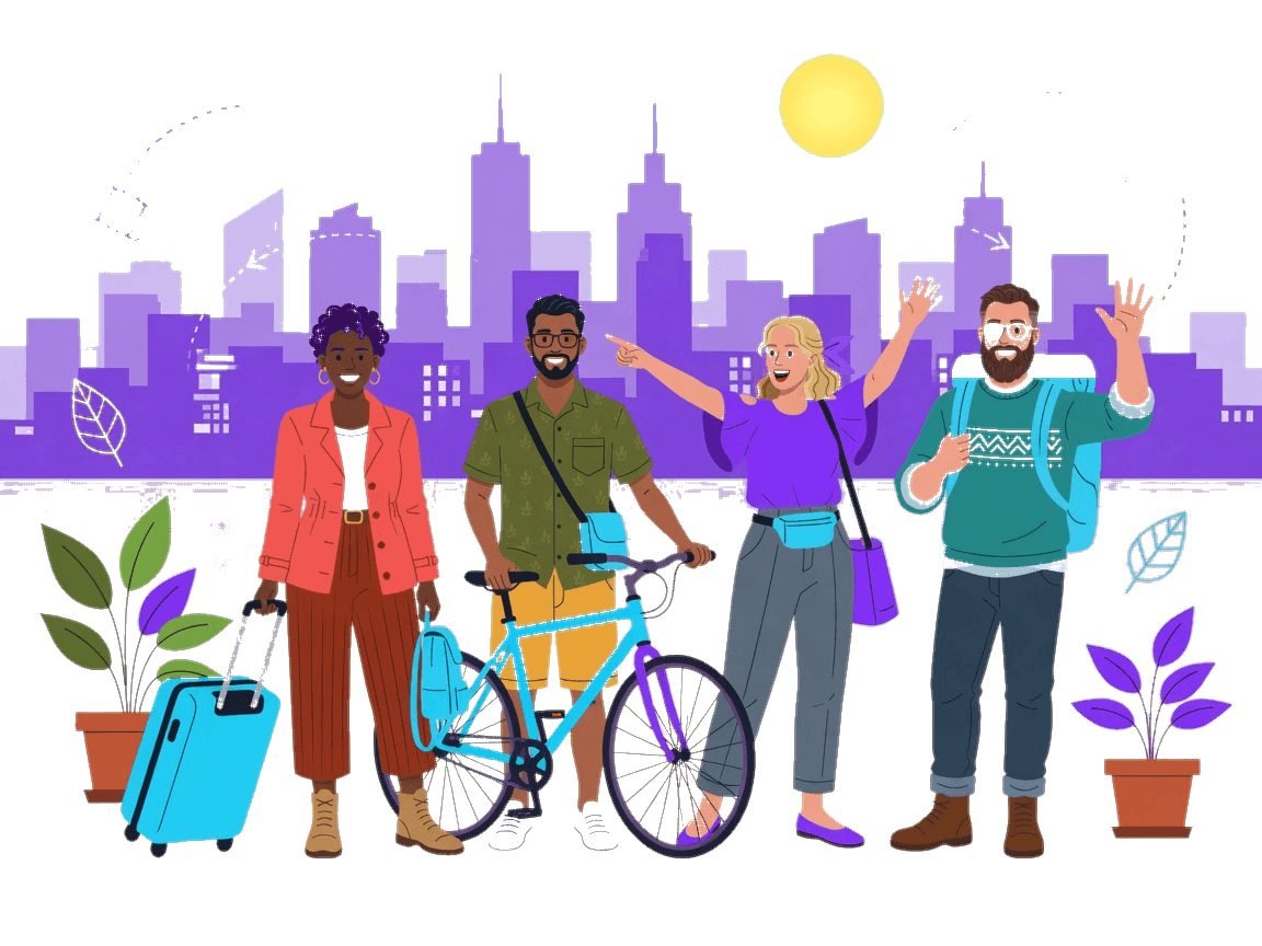 Four friends arriving in a city with bags and a bicycle, a purple skyline behind them