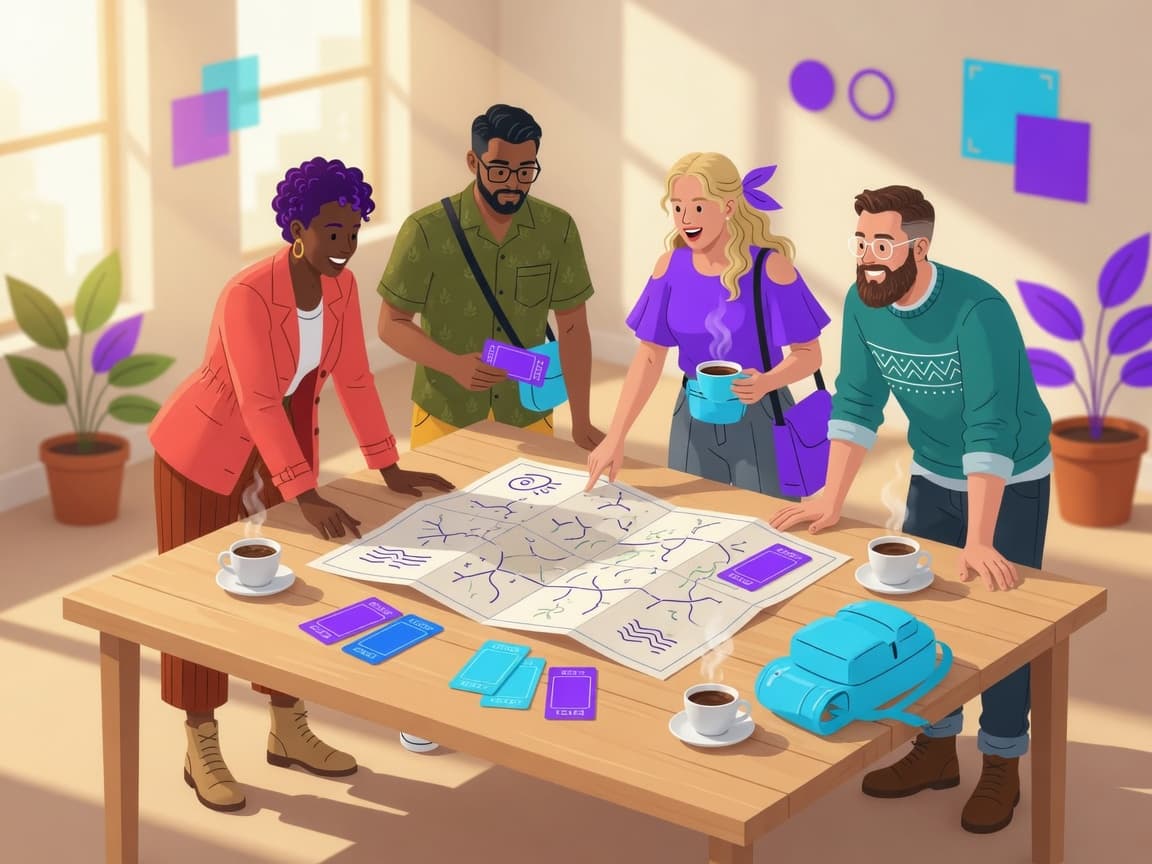 Friends gathered around a table with a map, coffee, and tickets, planning a trip together