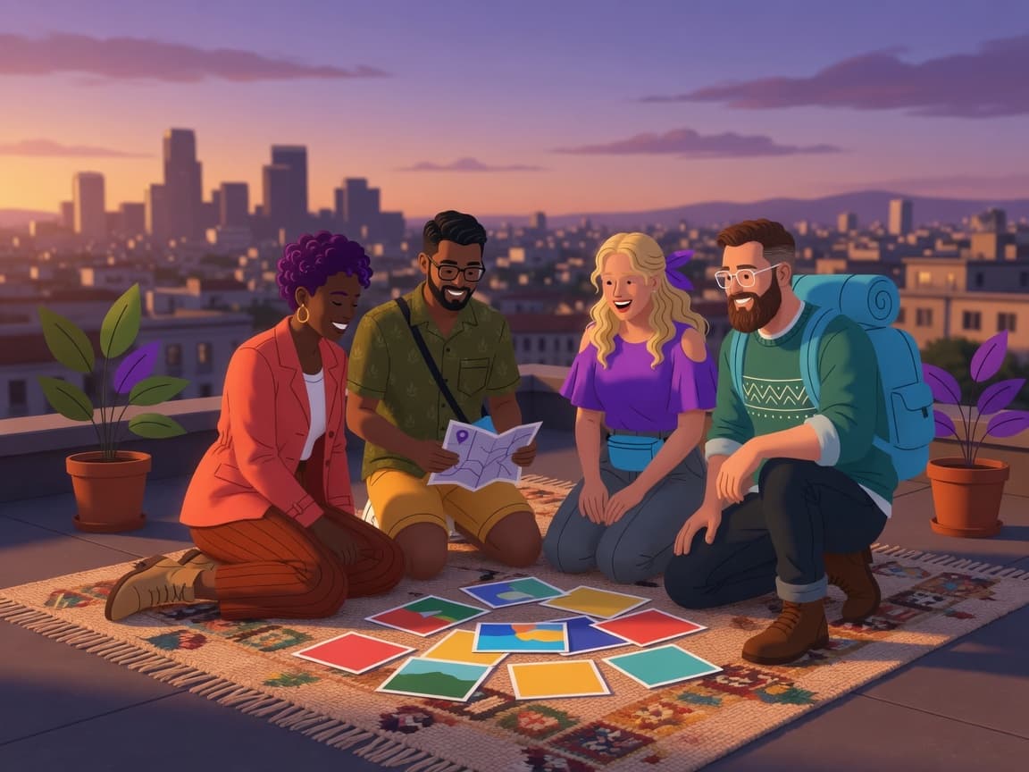 Friends on a rooftop at dusk looking through trip photos together